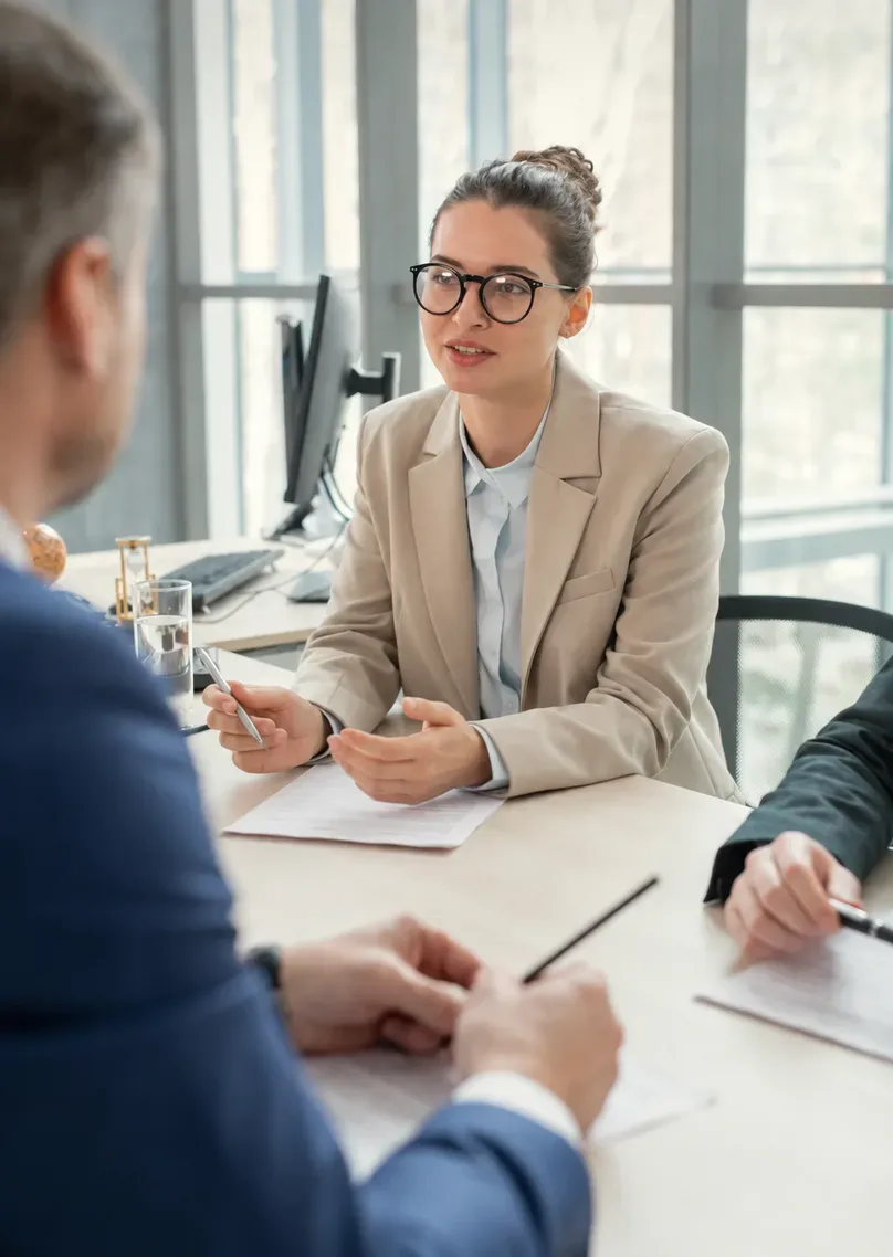 A recruiter listening to a candidate across a desk
